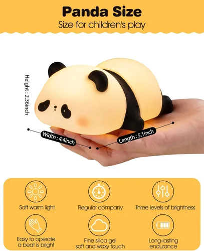 Vista 6 de Recolte - Bonita luz nocturna de panda con lazo de regalo, lámpara LED de silicona blanda para animales, luz regulable de 3 niveles para niños