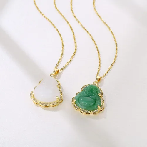 Vista 4 de Collar con colgante de Buda sonriente chapado en oro de 18 quilates, cadena de Buda sonriente de jade, collar brillante con piedras preciosas
