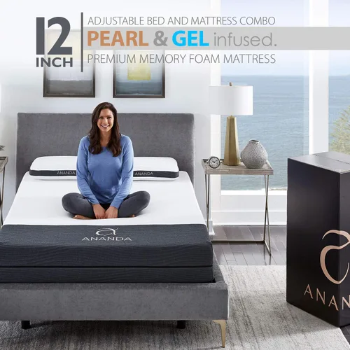 Vista 6 de Blissful Nights Ananda - Colchón de espuma viscoelástica con infusión de perlas y gel frío de 12 pulgadas con base de cama ajustable de primera