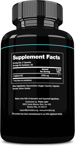 Vista 8 de Prime Labs L-arginina 1500mg - Suplemento de óxido nítrico - Flujo sanguíneo, energía, fuerza, resistencia - 60
