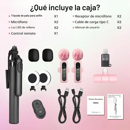 Vista 7 de Kit de vlogging de 70 pulgadas, trípode de metal para selfie stick para trípode con micrófono rosa