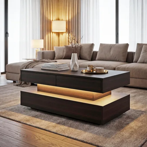 Vista 8 de Mesa de centro para sala de estar, mesa de centro moderna con 2 cajones de almacenamiento, mesa central de 2 niveles de madera con luces LED de 20