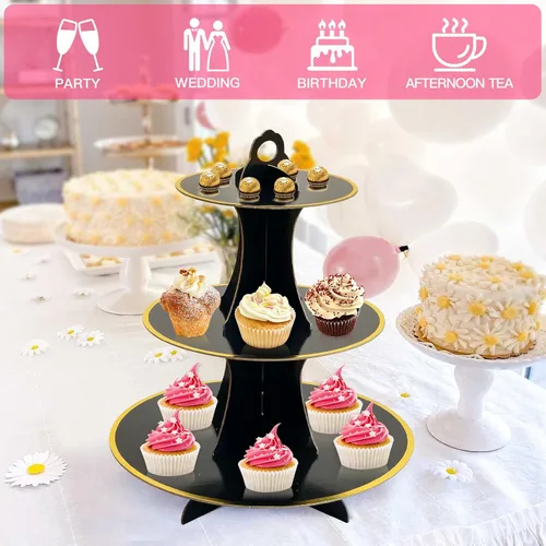 Vista 6 de Soleebee Soporte redondo de 3 niveles para cupcakes, torre de cartón para cupcakes, torre de soporte para pasteles de postre para decoración