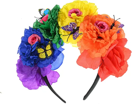 Vista 6 de DreamLily Frida Kahlo NC26 - Diadema con corona de rosas mexicanas para disfraz de fiesta de Halloween