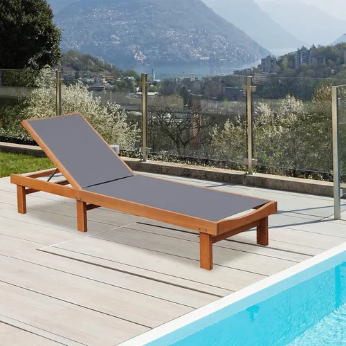 Vista 4 de Tangkula Sillón de madera para exteriores, tumbona de patio con respaldo ajustable de 5 posiciones, sillón reclinable de madera de eucalipto con Gris
