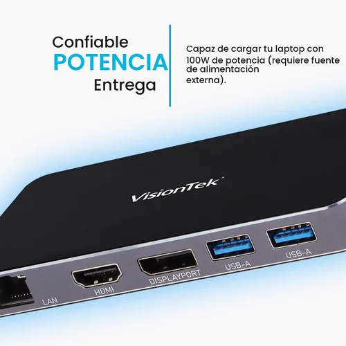 Vista 5 de VisionTek VT350 Hub portátil USB-C para monitor dual, 1 DP, 1 HDMI, 2 USB-A
