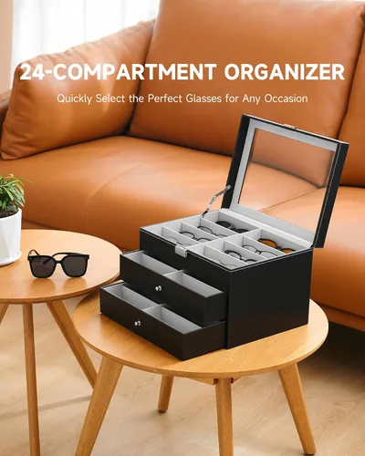 Vista 7 de CO-Z Sunglasses Organizer, Leather Eyeglasses Storage Box for Women Men, Lockable Sunglass Display Case Holder with Drawer