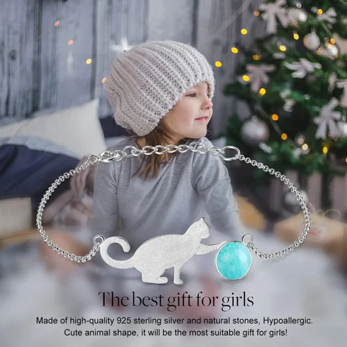 Vista 2 de Regalos de Navidad Pulsera de plata de ley 925 con bolas de juego de gatos de amazonita, pulseras ajustables para gatitos con longitud de cadena