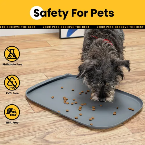 Vista 6 de Tapete de silicona para comida para perros con bolsillo lateral y agujero de gancho, bordes elevados suaves, fácil de limpiar, impermeable, Gris