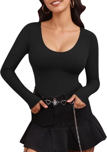 Vista 2 de MANGOPOP Body básico de manga larga con cuello redondo para mujer