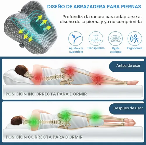 Vista 2 de Almohada de rodilla de espuma viscoelástica para personas que duermen de lado, cojín ortopédico de alineación de piernas y caderas, almohada de Gris