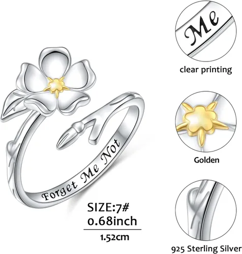 Vista 4 de Yearace Forget Me Not - Anillos para mujer, de plata de ley, Myosotis Scorpioides, floral, ajustable, con flores