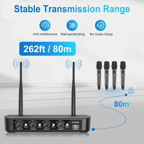 Vista 3 de Aveek Sistema de micrófono inalámbrico con paquete de 4 micrófonos dinámicos de mano, alcance de 262 pies, batería de 40 horas, sonido de estudio