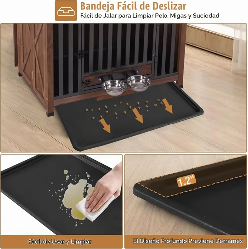 Vista 4 de Mueble de jaula para perros plegable, mesa de madera para perros con cuencos removibles giratorios de 360° y bandeja, perrera moderna para perros