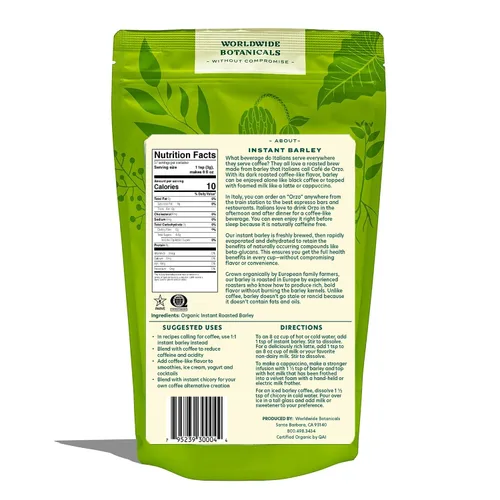 Vista 2 de Worldwide Botanicals Cebada orgánica, instantánea – 57 porciones – Italy's Orzo, su alternativa de café favorita – Sin cafeína, sin ácido, Kosher, 6