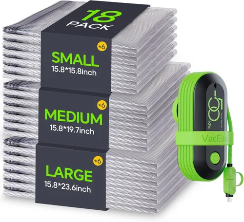 Vista 9 de 9 Pack Bolsas de Almacenamiento al Vacío de Viaje con Bomba Eléctrica USB, Bolsas de Tamaño de Equipaje de Mano de Ahorro de Espacio para Ropa