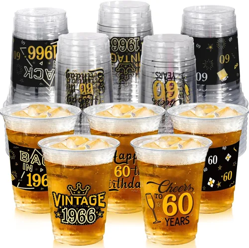 Vista 9 de 50 Piezas Vasos de Plástico para Fiesta de Cumpleaños 40 a Granel, 16 Oz Vasos de Beber Desechables de Plástico Transparente Negro Dorado