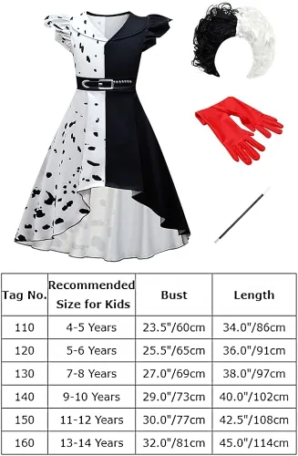Vista 7 de IWEMEK Disfraz de Cruella Deville para niñas vestido de cosplay de Halloween para niños vestido de personaje de película dálmata peluca guantes