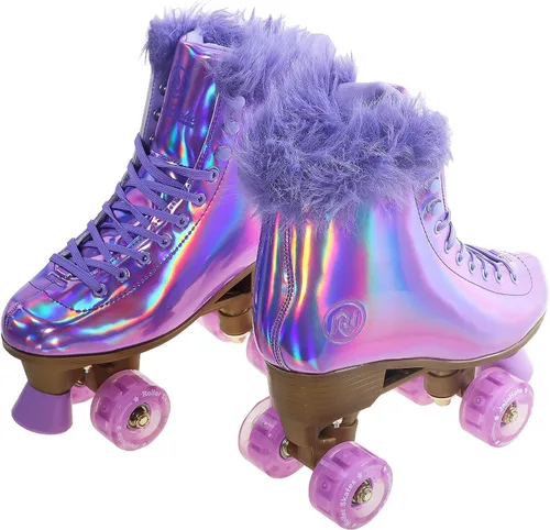 Vista 7 de JajaHoho - Patines de ruedas para mujer, holográficos de caña alta clásicos, patines brillantes de cuatro ruedas de doble fila en púrpura
