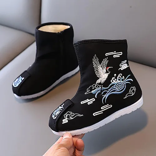Vista 2 de 1-12T Botas de tacón alto para niños, zapatos de tela bordados, zapatos Hanfu para niños, botas de año chino, zapatillas para niñas