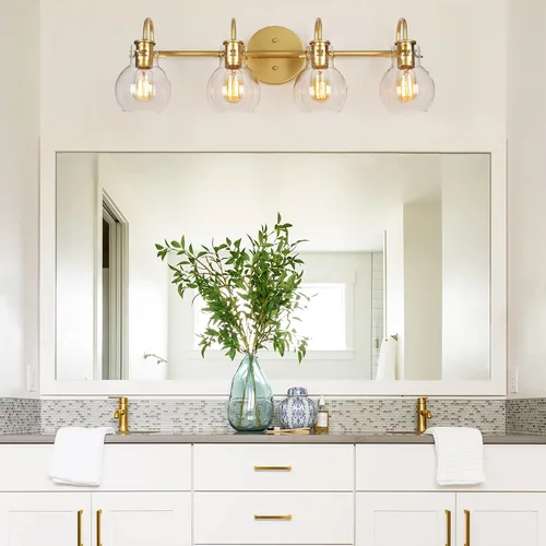 Vista 4 de KSANA Lámpara de tocador de baño, 4 luces de 28.5 pulgadas, grandes lámparas de baño doradas, modernas luces de tocador para baño con pantallas