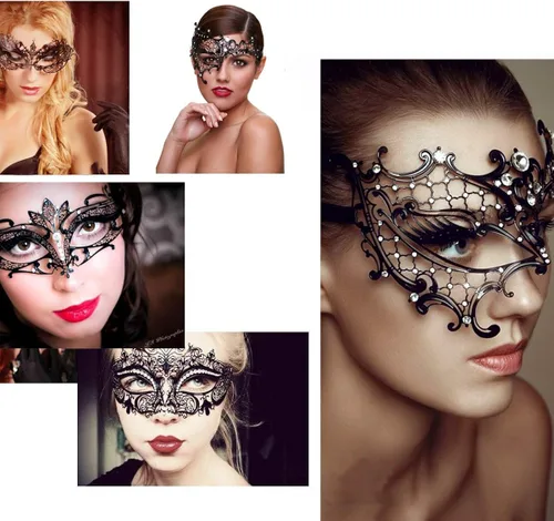 Vista 4 de Máscara de metal brillante para mujer, con diamantes de imitación, para fiestas venecianas, bailes de graduación, disfraces, accesorio