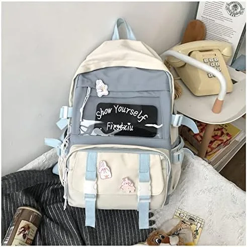 Vista 5 de ncduansan Mochila Kawaii con pin Kawaii y accesorios linda mochila estética y linda mochila Kawaii para la escuela azul Blue01