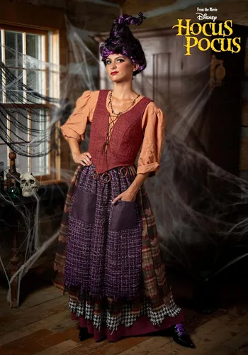 Vista 2 de Plus Mary Sanderson Costume Adult Disney Hocus Pocus Womens Outfit Shirt, Corset, Skirt wAttached Apron, Purple Wig