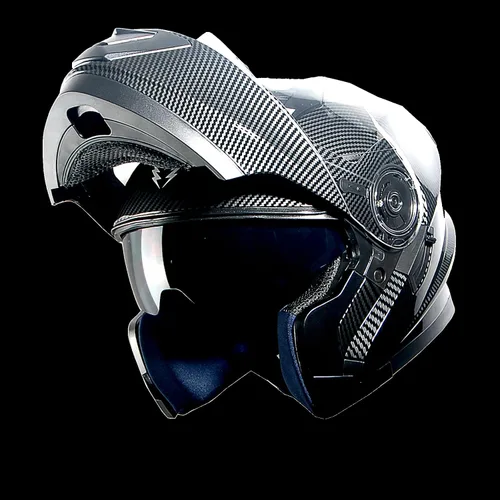 Vista 2 de 1Storm Nuevo Casco Modular de Motocicleta con Visera Dual Cara Completa y Luz Trasera LED Recargable: Modular901 Fibra de Carbon Negro