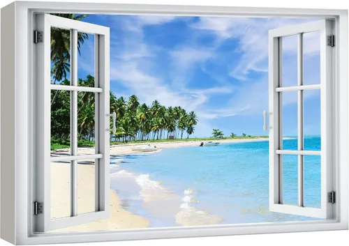 Vista 18 de wall26 - Cuadro en lienzo para pared, vista de ventana, atardecer neón, cielo, palmera tropical, playa, naturaleza, desierto, fotografía, realismo