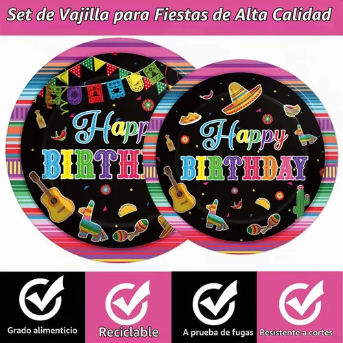 Vista 3 de Tevxj Juego de vajilla de 96 piezas para fiesta mexicana de feliz cumpleaños, platos de postre desechables, platos de fiesta, servilletas, tenedores