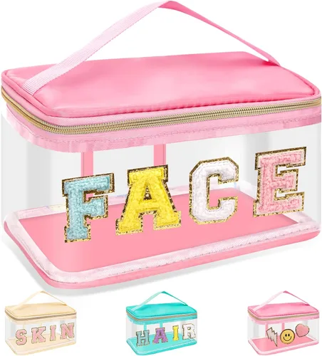 Vista 22 de izuzta Bolsas de maquillaje transparentes con letras de chenilla, bolsa de maquillaje de parche preppy con asa