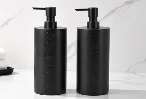 Vista 20 de Paquete de 2 botellas recargables de resina negra mate para champú y gel de baño – Juego de dispensadores de bomba modernos para baño, recipientes