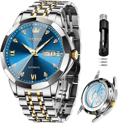 Vista 38 de OLEVS Reloj de pulsera automático con diseño de esqueleto para hombre, de lujo, con diamantes de lujo, de acero inoxidable, calendario, reloj