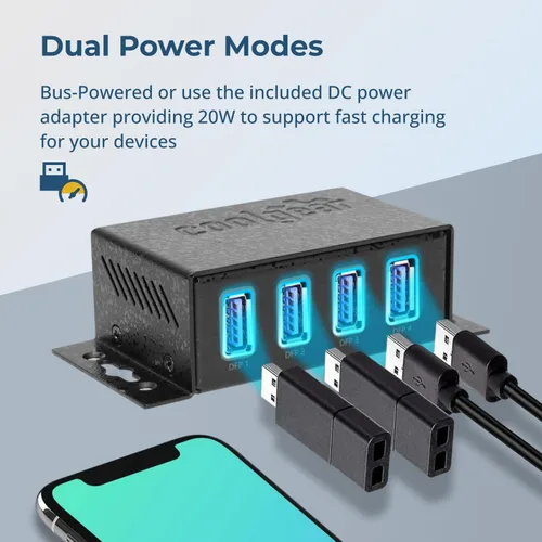 Vista 7 de Coolgear Concentrador USB 3.2 Gen 1 – Hub USB de 4 puertos con transferencia de datos de 5 Gbps, carcasa de metal montable, adaptador de corriente