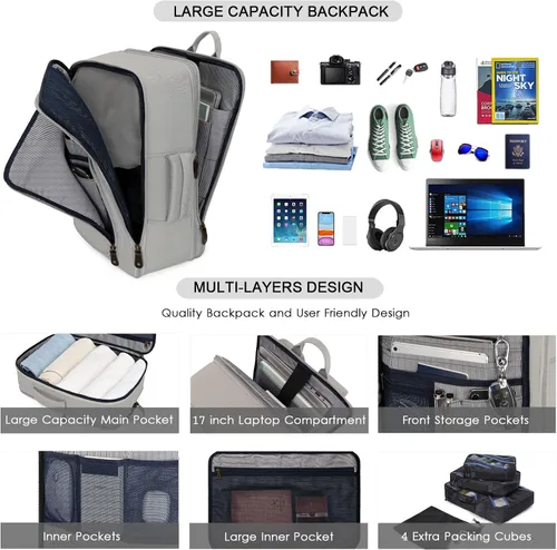 Vista 2 de G-FAVOR Mochila de viaje para hombres y mujeres, mochila de transporte aprobada con 4 cubos de embalaje, Gris expandible, Mochilas de viaje
