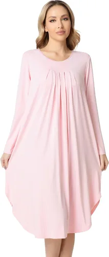 Vista 3 de NACHILA Camisón de bambú para mujer, manga larga, cuello redondo, plisado, tallas S-4XL