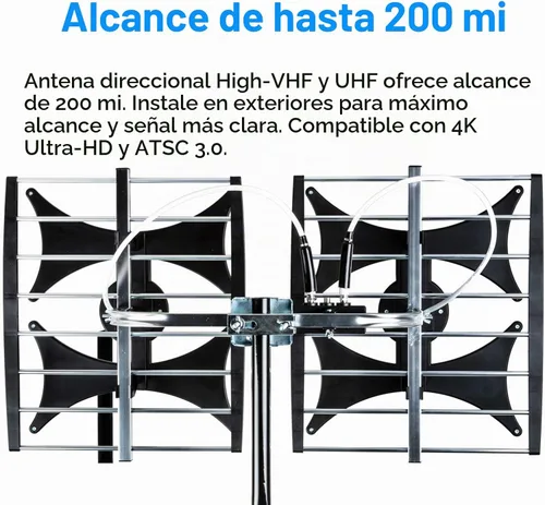 Vista 3 de Five Star Antena amplificada multidireccional de 4 V HDTV, alcance de hasta 200 millas, UHF/VHF, interior, ático, exterior, 4K Ready 1080P FM