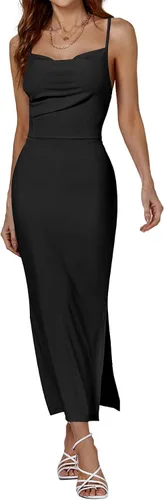 Vista 5 de LYANER Vestido midi de fiesta con tirantes delgados y abertura dividida sin mangas, cuello en V y cremallera