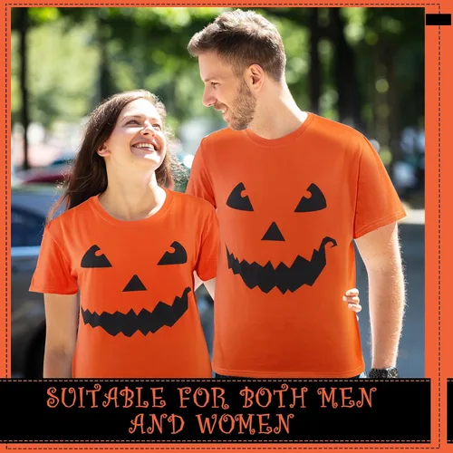 Vista 5 de Hicarer Camiseta de Halloween con cara de calabaza gigante, divertida camiseta unisex para fiesta de Halloween, disfraz para hombres y mujeres