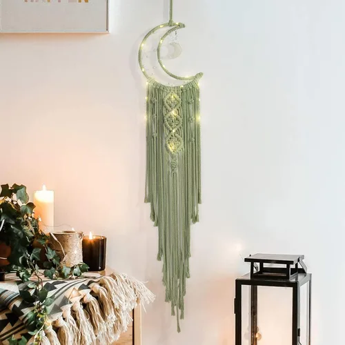 Vista 9 de Atrapasueños de luna de macramé para niña, atrapasueños de media luna azul estilo bohemio para dormitorio de adultos, adorno hecho a mano