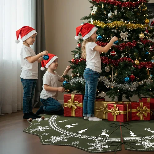 Vista 4 de Falda de árbol de Navidad de 72 pulgadas, falda de árbol de punto para árbol de 12 pies a árbol de 9 pies, falda de árbol grande de doble cara verde