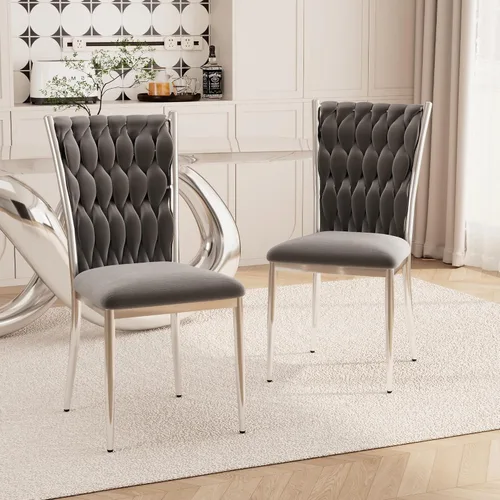 Vista 18 de Juego de 2 sillas de comedor de terciopelo, modernas sillas de cocina tejidas con patas de metal dorado, cojín tapizado con respaldo alto