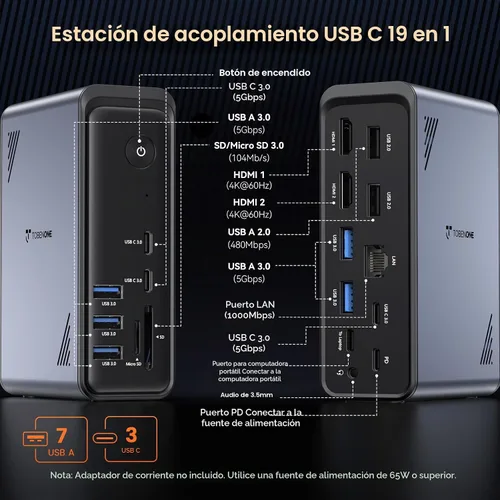 Vista 2 de TobenONE 19-in-1 Laptop Docking Station Dual Monitor,10 USB C/A,2×4K HDMI