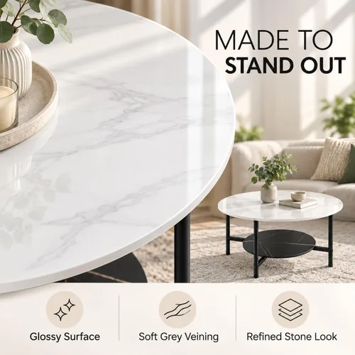 Vista 5 de Wisfor Mesa de centro de mármol para sofá de mesa: mesa central redonda de piedra sinterizada blanca de 2 niveles con Fram negro para sala de estar