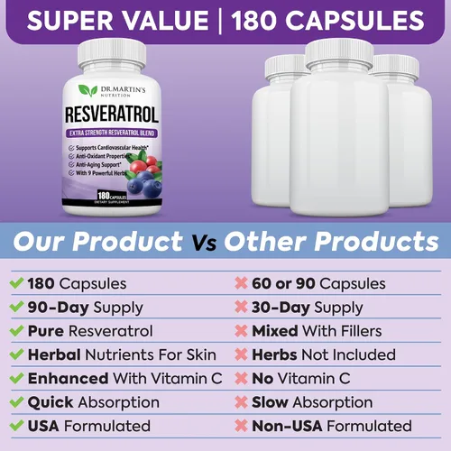 Vista 9 de Resveratrol extra fuerte 1568mg - 180 cápsulas - 3 meses de suministro Suplemento antioxidante Pastillas naturales de trans-resveratrol