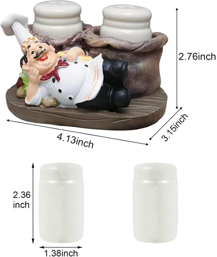 Vista 2 de Juego de salero y pimentero, estatua decorativa de chef sentado, organizador de especias, tarros de especias de vidrio con soporte, figura de regalo