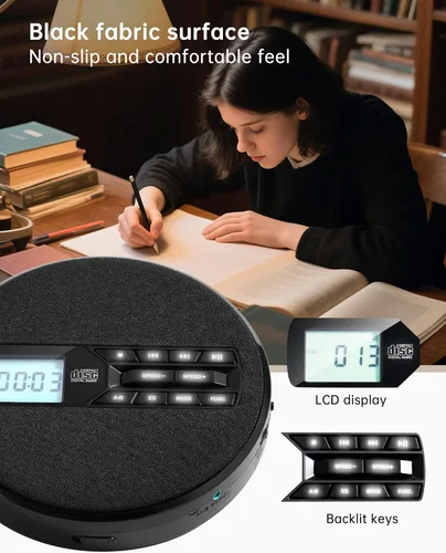 Vista 6 de Reproductor de CD portátil con altavoces, reproductor de CD personal recargable para automóvil y hogar, pequeño reproductor de música de tela
