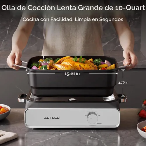 Vista 2 de AUTUCU Olla de cocción lenta de 10 cuartos de galón, revestimiento de cerámica sin PFOA, apto para horno hasta 450 °F Función de mantener el calor