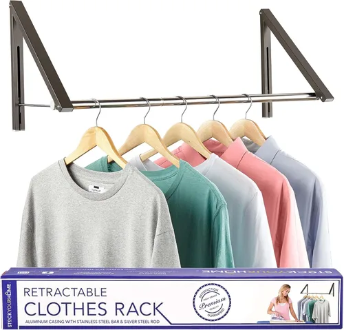 Vista 8 de Doble Perchero Plegable para Ropa con Barra Extensible, Perchero Retráctil Montado en Pared para Secador de Ropa, Barra de Secado Colgante, Pequeños